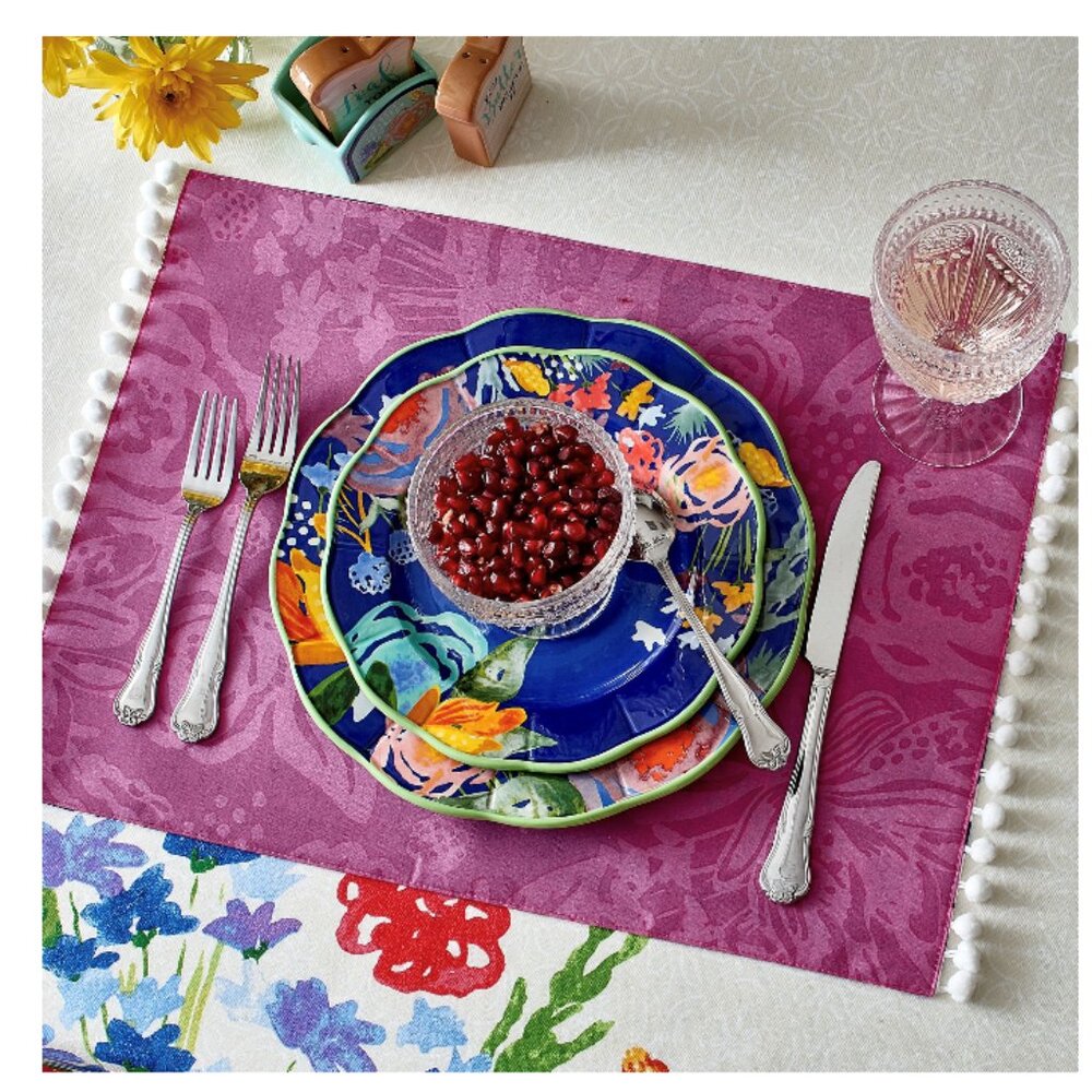 4 Pioneer Woman Placemats Celia Pom Pom 14x19 Reversible Cobalt Blue Pink Floral - Picture 3 of 9